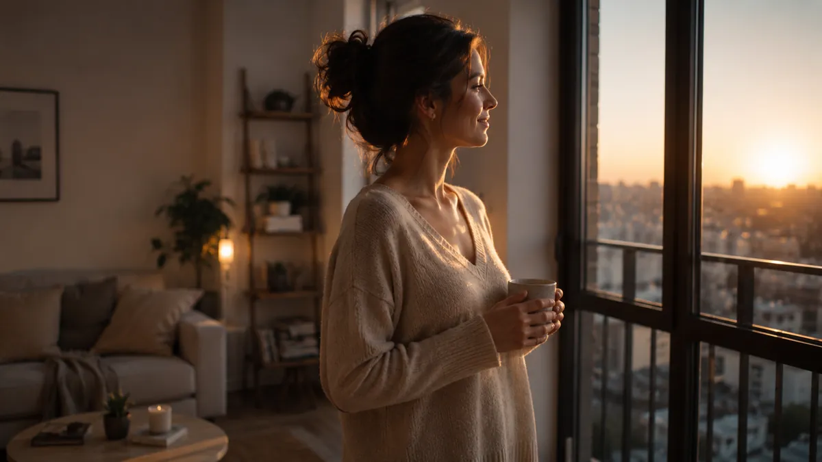 Woman finding peace and healing in a new apartment after emotional betrayal