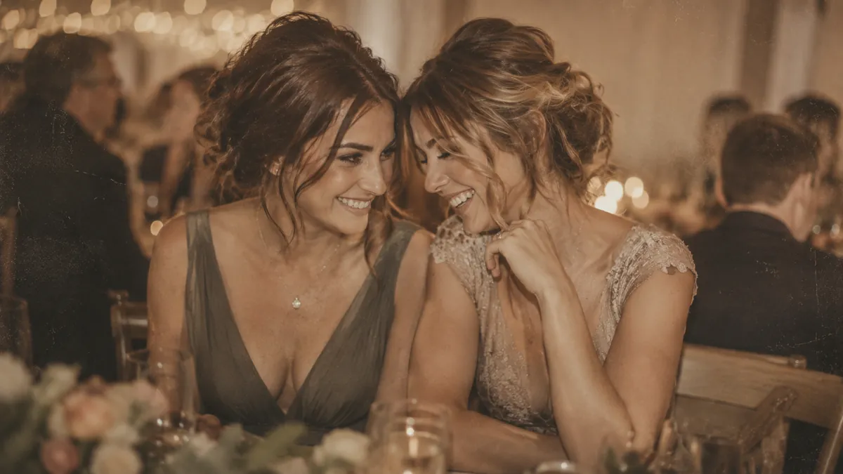 Former best friends smiling at a wedding before betrayal changed everything