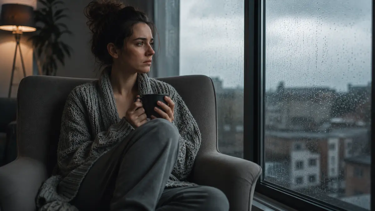 Woman silently processing emotional betrayal while sitting near a rainy window